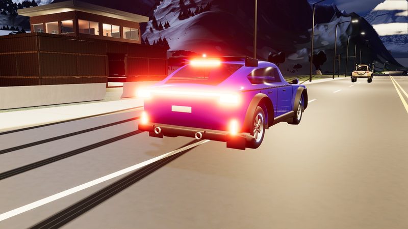 A car braking hard at dusk: brake lights glowing and dark skid marks on the road