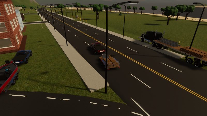 Highway traffic: a semi hauling lumber, a pickup towing a lumber trailer and a pickup towing a boat