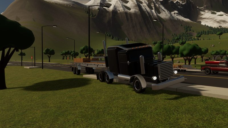 Semi truck with a flatbed trailer on the road below snowy mountains
