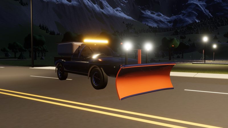 Snow-plow pickup with an orange blade and an amber light bar, out on the road at night