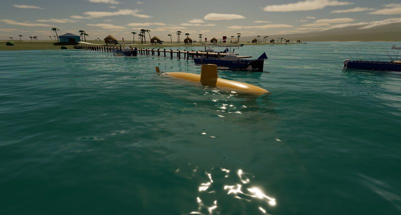 Yellow submarine surfaced near an island pier, with boats moored beyond